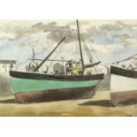 Marjorie MORT (1906-1989) Fishing Boats, Low Tide Mixed media Signed 24x34cm