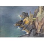 KEN SYMONDS (1927-2010) Crowns Mines, Calm Sea Watercolour Signed Inscribed to verso 25x35cm