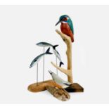 Geoffrey BICKLEY Three painted wood animal figures, Kingfisher, Nuthatch and group of three