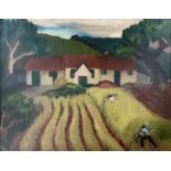 Early 20th Century Naive School Harvest Time Oil on canvas Indistinctly signed 'J Gilbert Scott'? 40