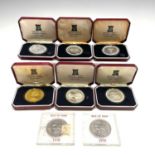 Isle of Man Coinage. Comprising 6 silver proof boxed crown coins: 1974 Winston Churchill