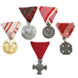 Austria / Hungary WWI Medals - 5 Medals. Bronze Medal for Bravery, Medal for Wounded, War