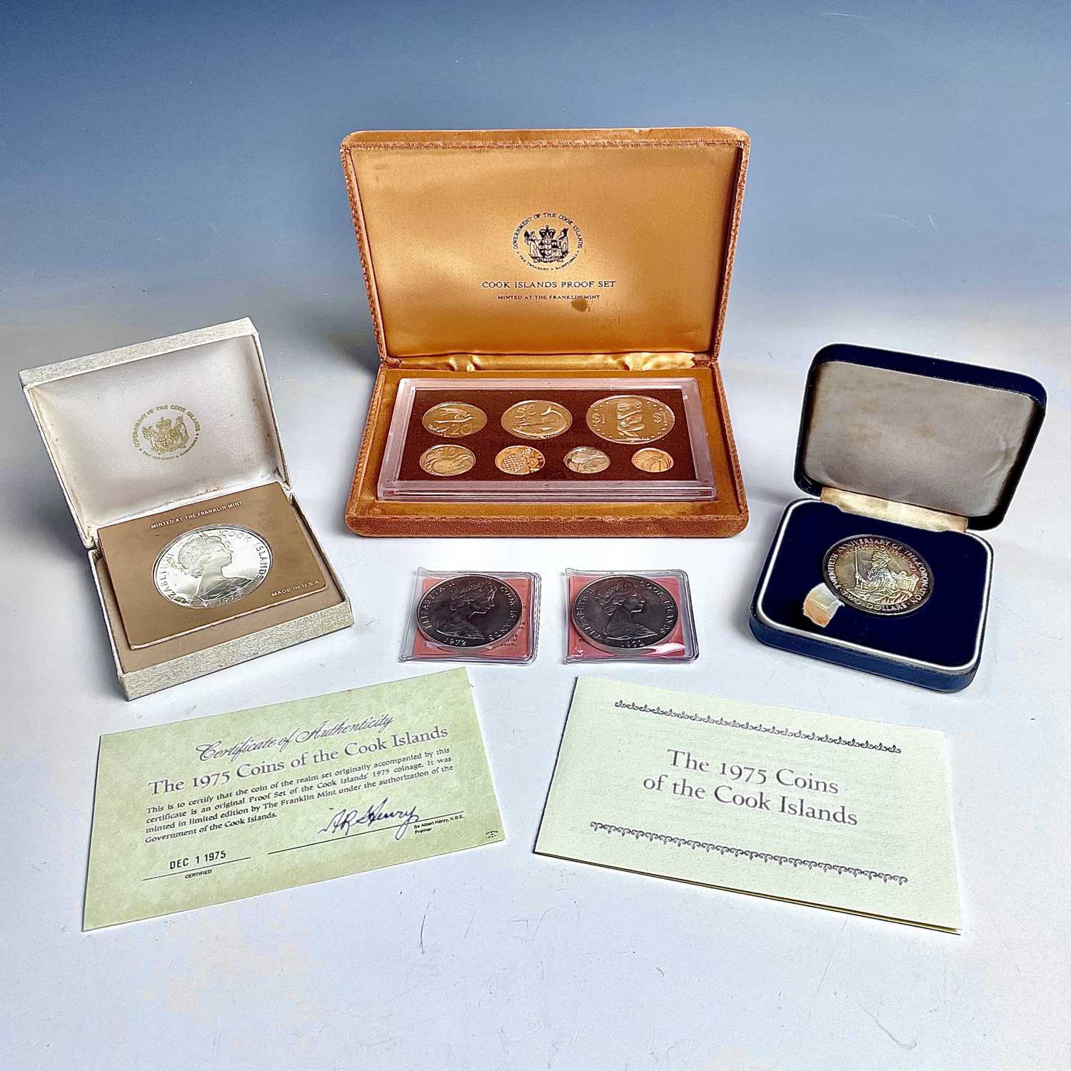 Cook Islands Proof Coinage. Lot comprises 1975 boxed proof set from 1 cent to $1, 1977 boxed $5