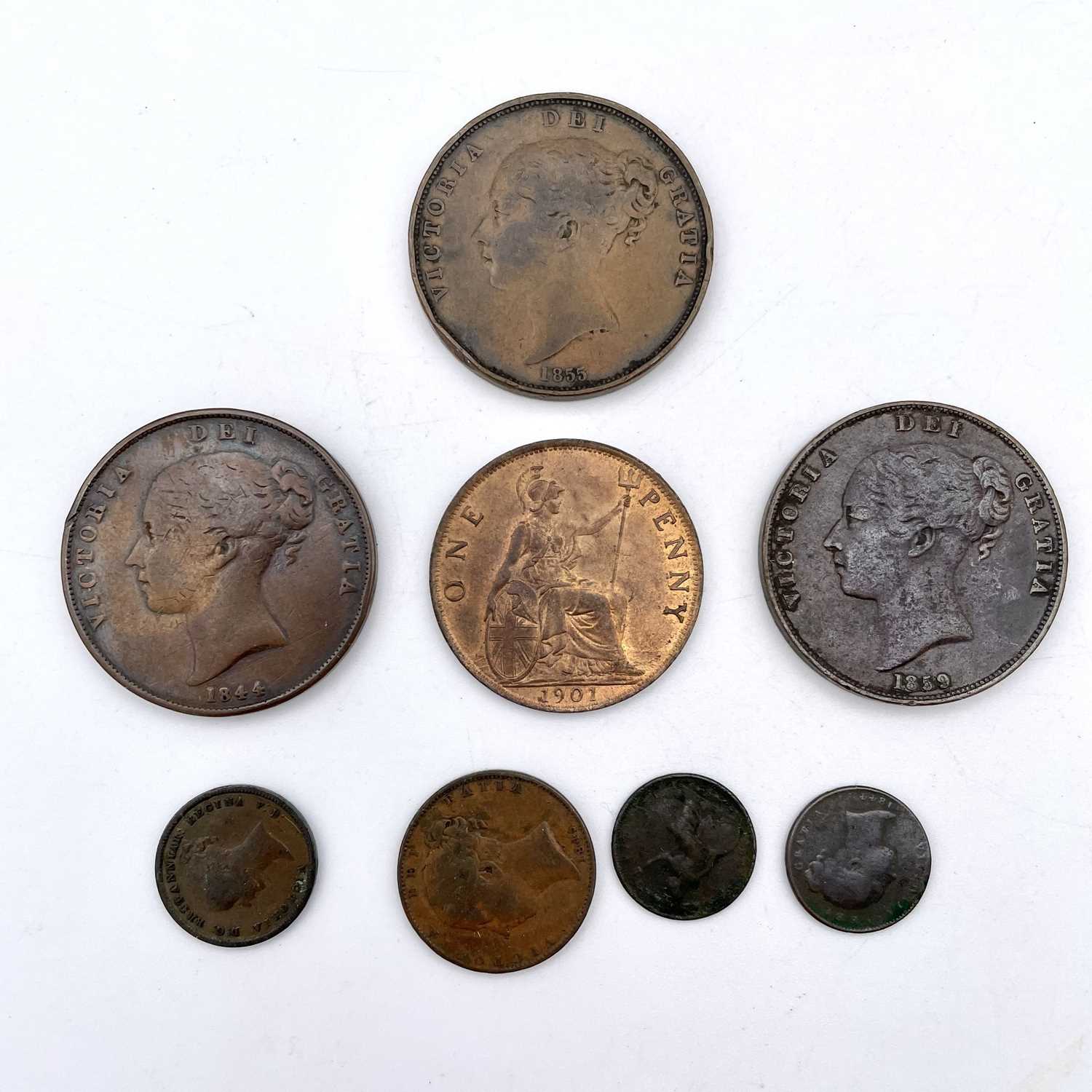 Great Britain, Victorian Copper, etc Coinage (x8). Comprising: 1844, 1855 and 1859 penny coins, 1901 - Image 5 of 5