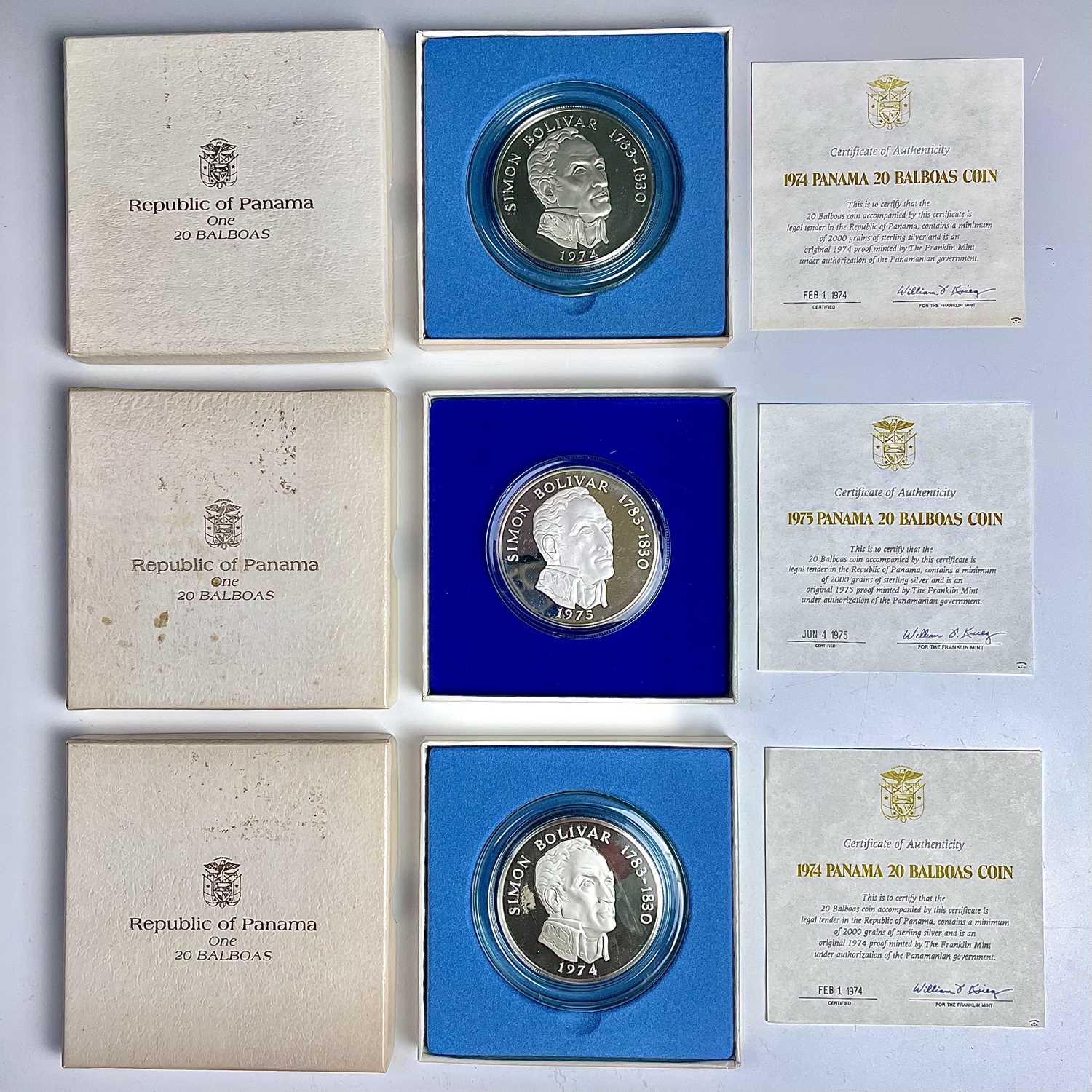 Panama Silver Proof Coins. Lot comprises 1974 20 Balboas coin (x2) and 1975 20 Balboas (x1). Each