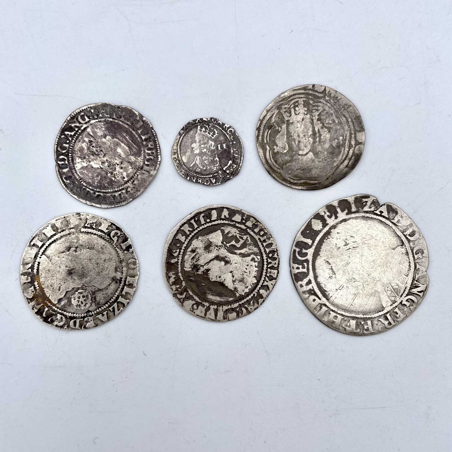 Great Britain Hammered Coinage (x6). A mixed lot comprising: A groat in worn condition, Elizabeth - Image 2 of 2