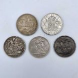 Great Britain Silver Queen Victoria and Later Crowns (x5). Comprising: 1893 (LVI edge), 1897 (LXI