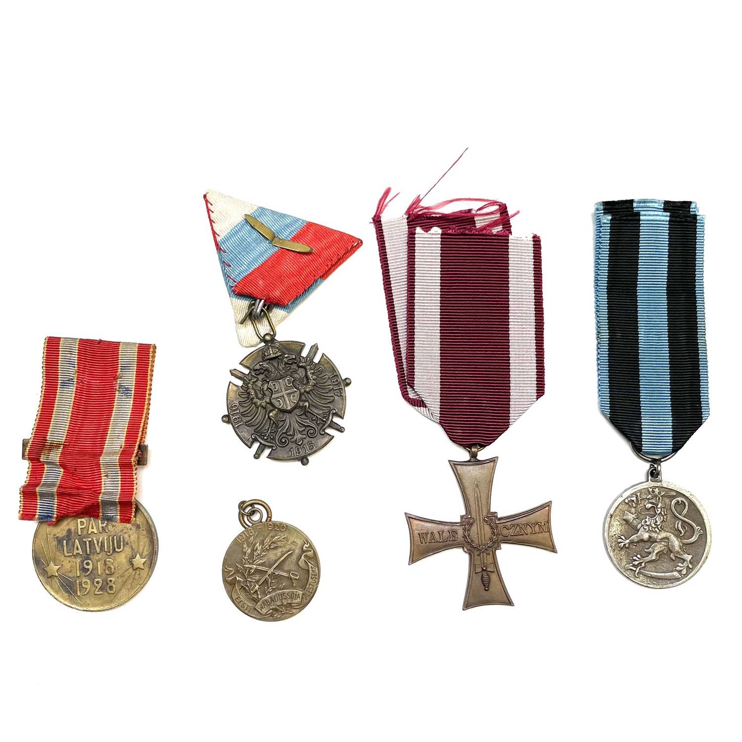WWI Medals. Serbia and Montenegro War Commemorative Medal, Poland Cross of Valour, Latvia Medal