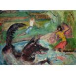 Sven BERLIN (1911-1999) Dog Swimming with Girls Oil on board Signed and dated '80, Exhibition labels