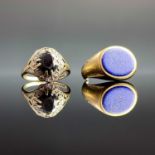 A gold lapis lazuli signet ring (shank cut) together with a 9ct diamond a sapphire cluster ring,