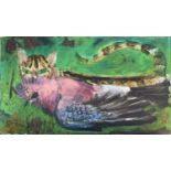 Sven BERLIN (1911-1999) Cat and Jay Oil on board Signed and dated '72 35.5x61cmCondition report: