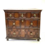 A 17th century oak chest of drawers, with three long drawers, on stile feet, height 79cm, width