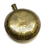 An Anglo Dutch brass flask, early 19th century, the cover inscribed 'Samaritin Inn', 13.5 x 11.5cm.