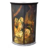 A George III pine bow front hanging corner cupboard, the pair of doors with painted scene after