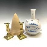 A blue and white pottery pilgrim flask inscribed and dated 1708, height 21cm, a pair of George III