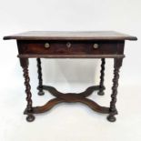 A late 17th century oak side table, with a single frieze drawer on barley twist supports, joined