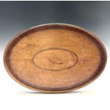 A George III birds eye maple oval crossbanded tray, height 2.5cm, width 50.5cm, depth 35cm.