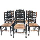 A set of six Lancashire elm ladderback dining chairs with cane seats, including a pair of elbow