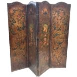 A painted leather folding screen, 19th century, with cherubs, birds and scrolling foliage, height