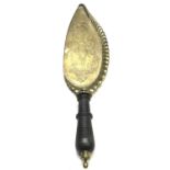 A Victorian Benham & Froud brass crumb scoop, with turned wood handle, length 33.5cm, width 8cm.