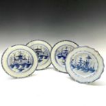 Four pearlware blue and white plates, late 18th Century, possibly Liverpool, each with blue