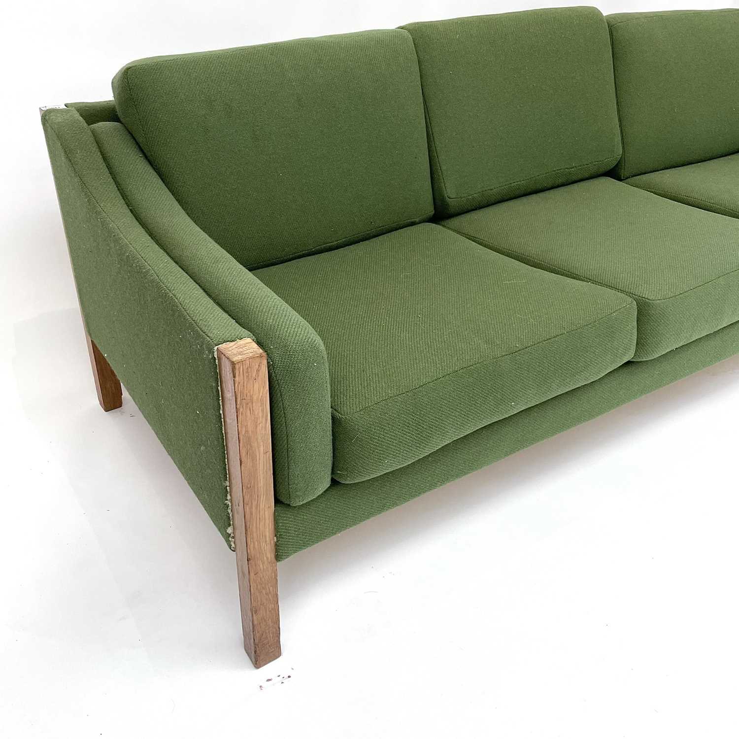 A Danish oak mid century three-seater settee, raised on square supports, height 62cm, width 188cm, - Image 2 of 5