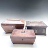 A Regency rosewood and cut brass inlaid workbox, on disc feet, width 30cm, together with a George