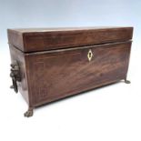 A George III mahogany, inlaid and crossbanded rectangular tea caddy, with shell inlaid lid,