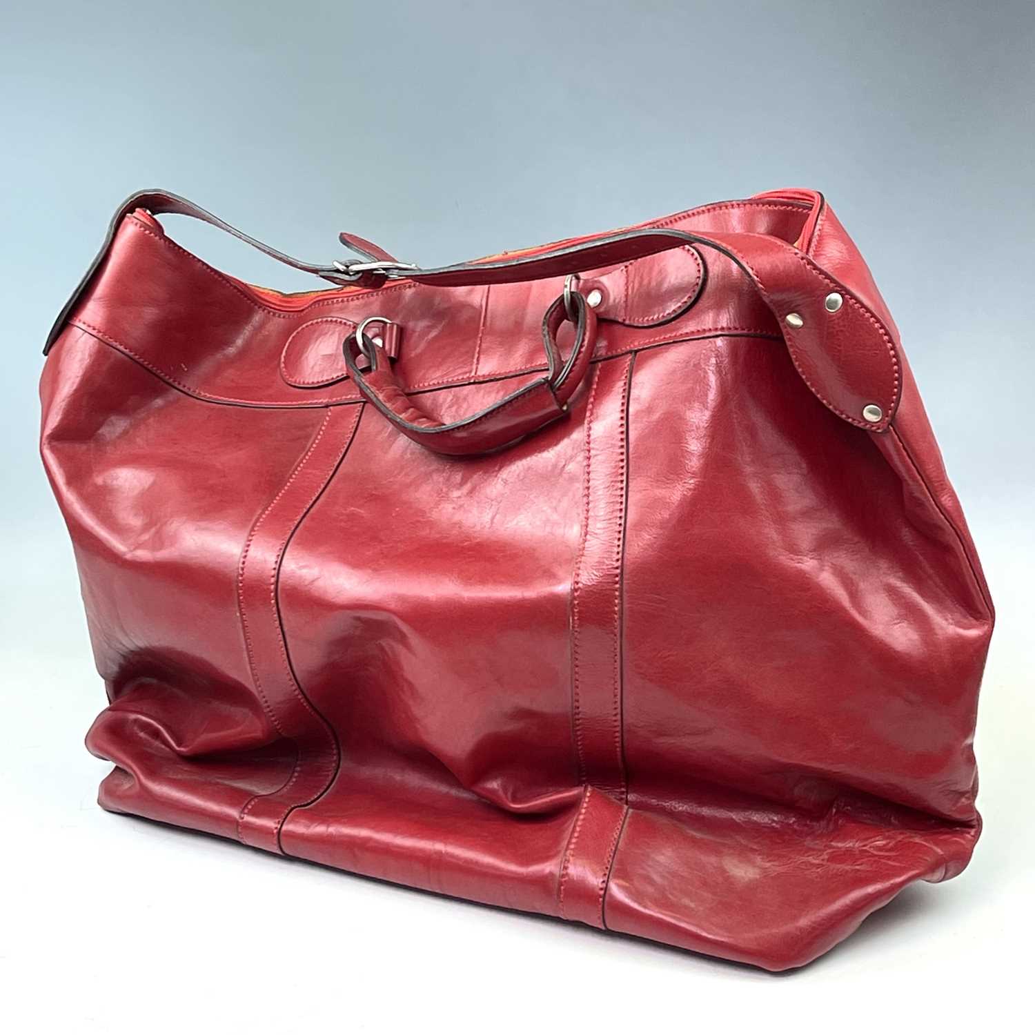 An oversized red leather bag with haymarket market check lining, height 50cmA small amount of - Image 5 of 7