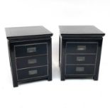 A pair of OKA black lacquered bedside chests, in the Oriental manner, each fitted three drawers with