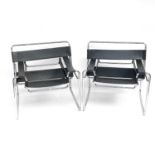 After Marcel Breuer, A pair of modern Wassily armchairs, with stitched black leather and a tubular