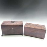 A late George III mahogany and inlaid rectangular tea caddy, the inner lid inlaid a basket of fruit,