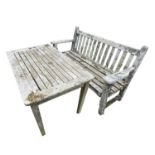 A teak slatted garden bench height 89cm width 160cm depth 66cm, together with a similar slatted