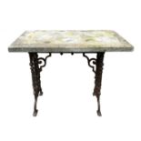 A Victorian cast iron garden table with white marble top, height 75cm width 92cm depth 53.5cm