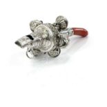 A George III silver baby's rattle by John Bettridge, applied with six bells, a whistle and coral