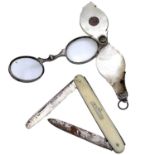 A pair of Georgian steel and mother of pearl folding spectacles (mother of pearl damaged);