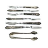 A cased set of six cake forks with silver filled handles, Sheffield 1972; together with a pair of