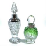 An Art Deco green blush cut glass scent bottle and stopper with silver collar, Birmingham 1924,