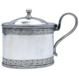 A Victorian silver oval section hinge lidded mustard pot, with bright cut decoration, blue glass