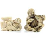 A Japanese Meiji period carved ivory netsuke depicting a seated girl with an ovoid jar, width 3.5cm;