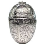 An unusual Victorian silver egg shaped vinaigrette by Aston & Son, with foliate engraved decoration,