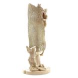 A good Japanese Meiji period ivory okimono, carved as two fisherman hanging a net on a tree,