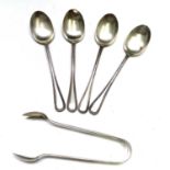 A George V silver set of four tea spoons by Barker Bros Ltd, Birmingham 1928; together with a pair