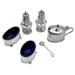 A George V Scottish silver five piece cruet set by Richard Stebbings, comprising a pair of