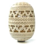 A 19th century Chinese ivory cricket cage, of ovoid pierced form, length 5cm.***This lot is made