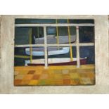 20th Century St Ives School Boats Through the Railings Oil on board Indistinctly initialled 'GR'