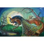 Sven BERLIN (1911-1999) Untitled (Fox and Peacock) Oil on board Signed 61 x 91cm