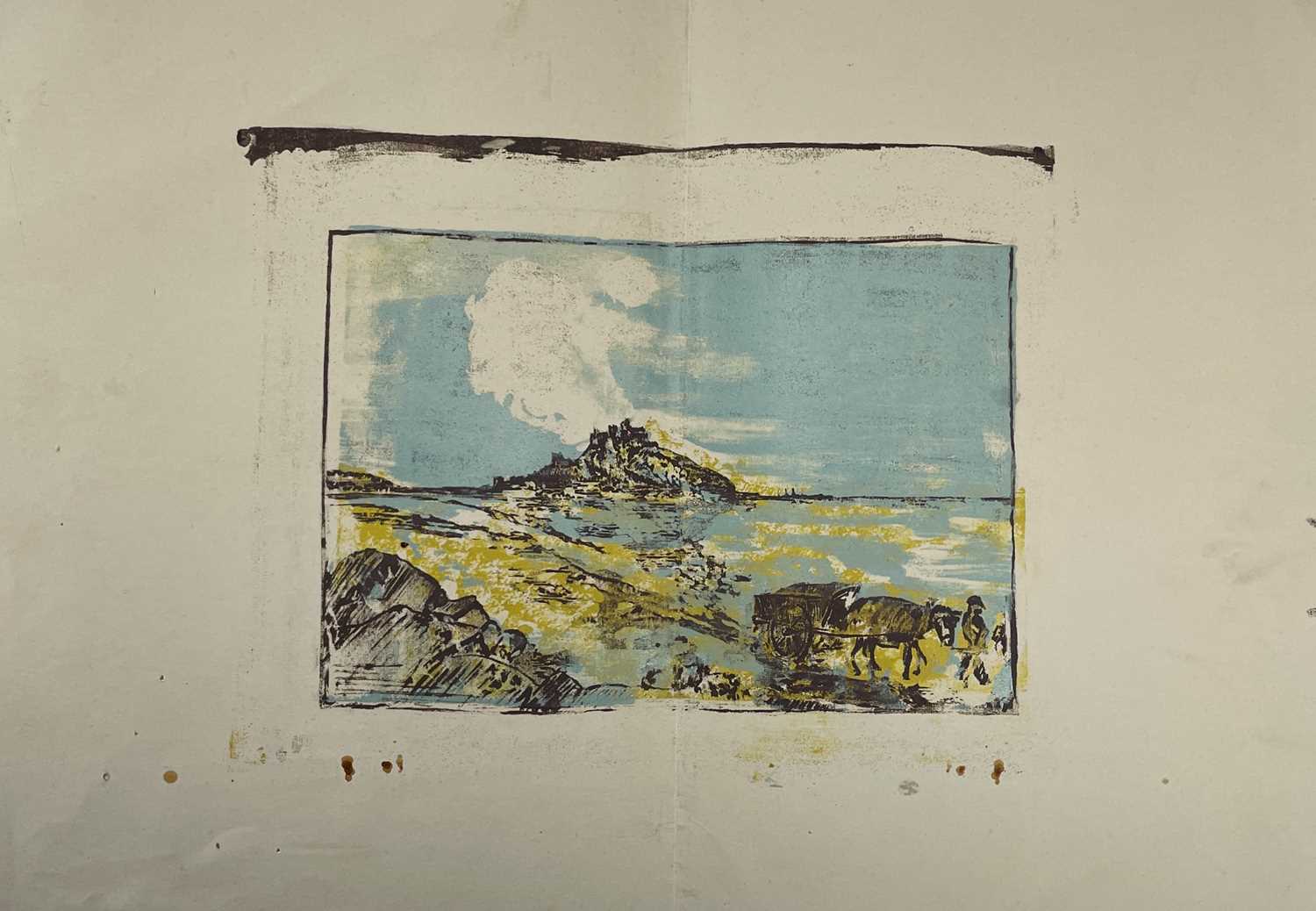 A folded screen print of St Michaels Mount, (possibly by John Minton??), a note is written on each
