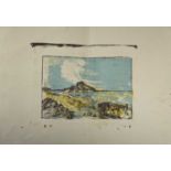 A folded screen print of St Michaels Mount, (possibly by John Minton??), a note is written on each