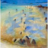 Richard LANNOWE HALL (1951) Scilly Isles, Three on a Beach Mixed media Signed 29 x 29cm